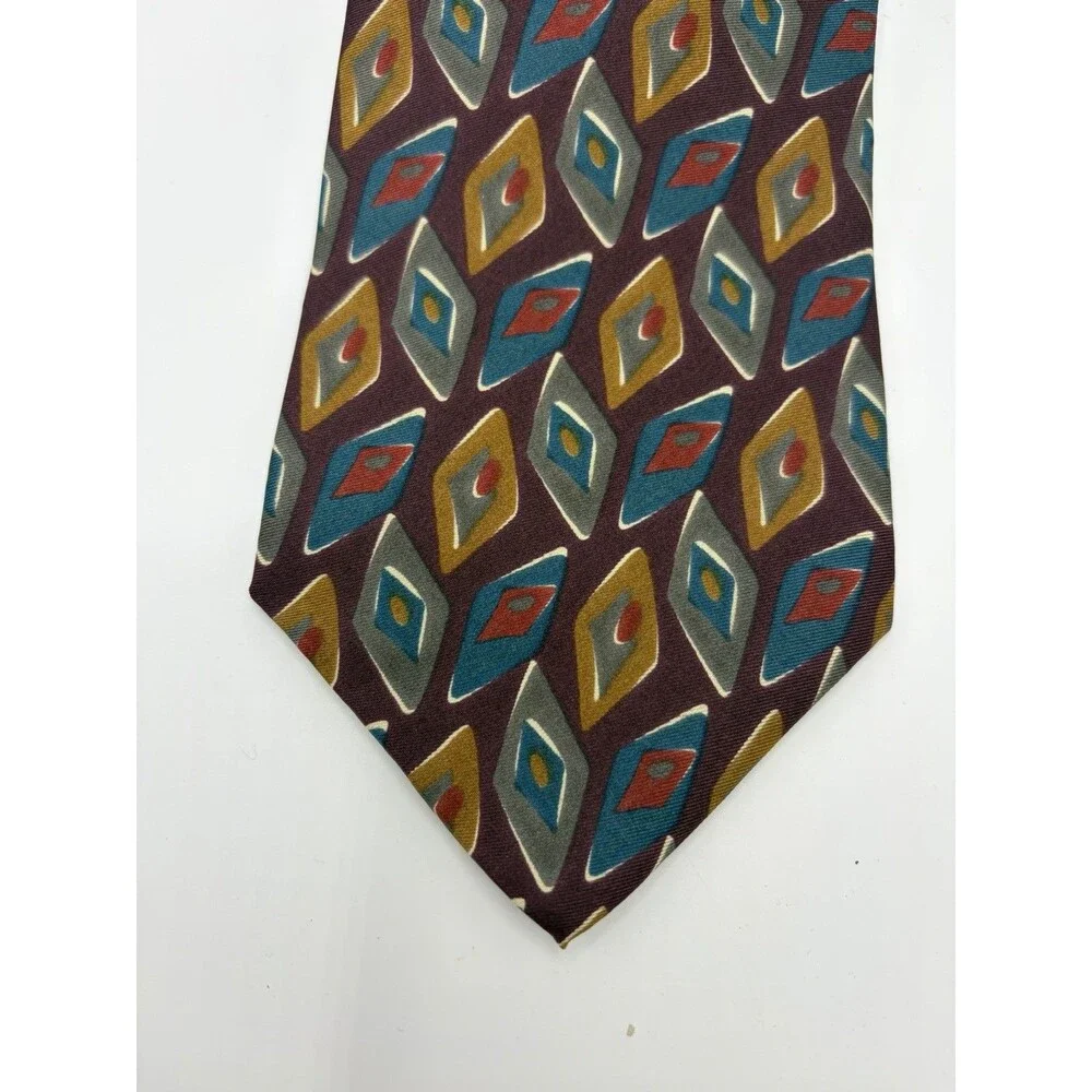 Vtg Geoffrey‎ Beene Tie Abstract Diamonds Geometric Multicolor Silk USA Made 56”